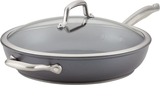 Anolon Accolade Forged Hard Anodized Nonstick Deep Frying Pan / Skillet with Helper Handle and Lid, 12 Inch - Moonstone Gray