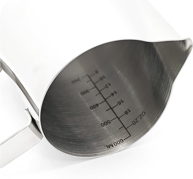 Stainless Steel Measuring Cup with Pour Spout, Metal Pitcher with Oz and ML Markings, Ergonomic Handle for Kitchen Baking and Coffee (20OZ/ 600ML- 2.4 Cup)