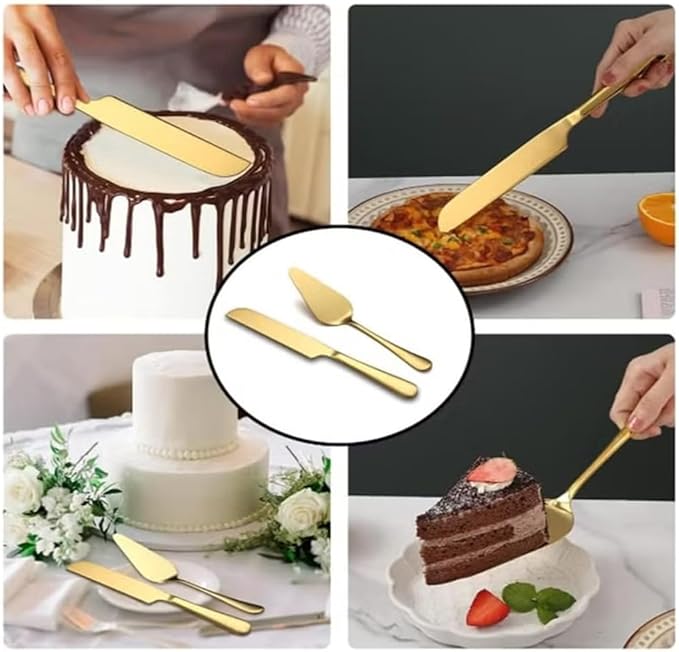PAXNOK Pie Server and Cake Server Stainless Steel Set - Serrated Spatula with Elegant Ergonomic Handles for Cutting and Serving Desserts, Brownies, Lasagna (Gold)