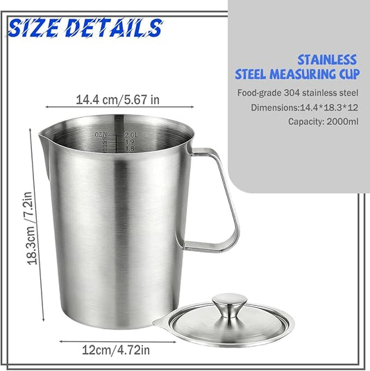 Stainless Steel Pitcher with Lid,70 oz 2 Liter Water Pitcher Large Metal Measuring Cup with Handle,8 Cup Measuring Cup Metal Pitchers,Suitable for Espresso Machines, Latte Art, Iced Tea.