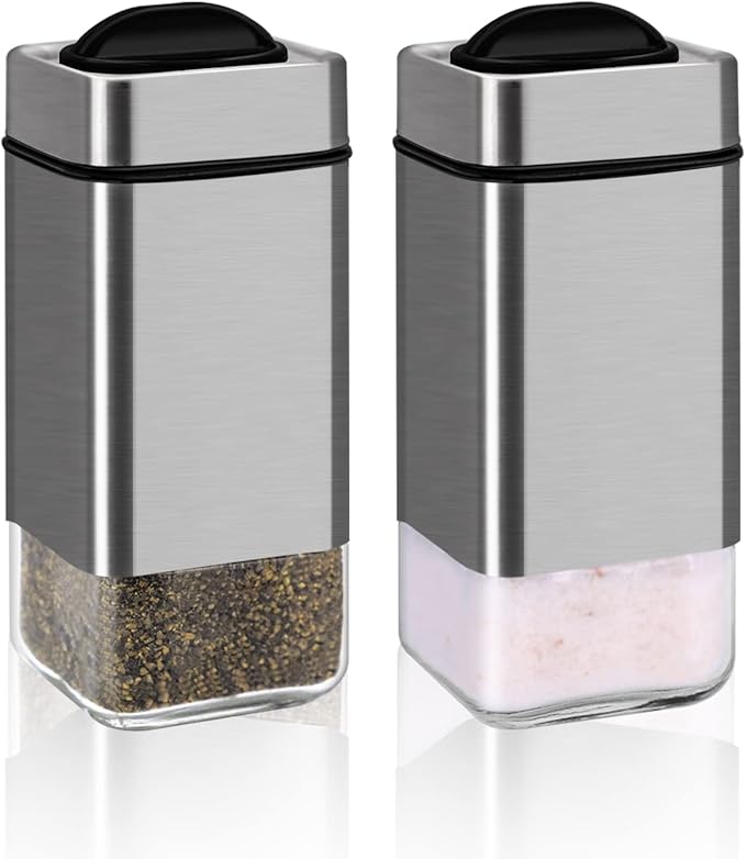 Salt and Pepper Shakers by Aelga, Glass Salt Shaker Set with Adjustable Pour Holes, Ideal for Black Pepper, Kosher and Himalayan