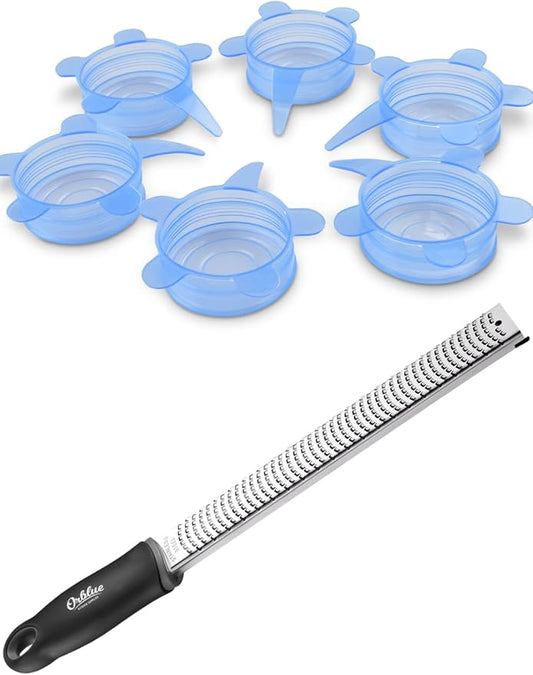 Sleek Black Lemon Zester & 6-Pack Versatile Silicone Lids Set