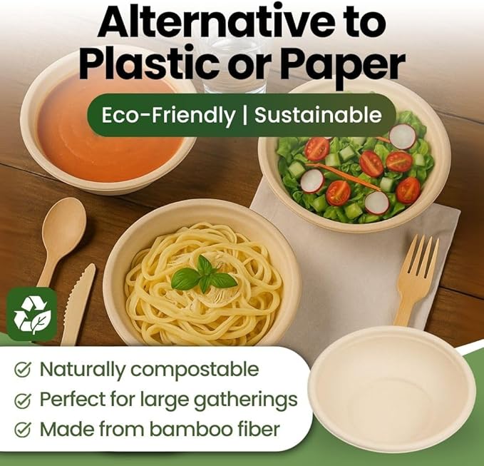 Dtocs Bamboo Fiber Disposable Bowls – 20 Oz, 50 Pk | Bamboo Round Bowl | Microwavable Bagasse Bowl like Soup, Cake, Salsa, Salad bowls | Disposable Dinnerware Sub Paper, Plastic, Styrofoam, Leaf