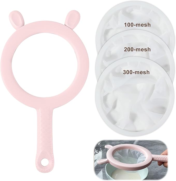 3-in-1 Fine Mesh Filter Kit with Detachable Sieve, 100/200/300 Mesh Filter with Pink Handle, Interchangeable Nylon Filter for Coffee, Tea, Nuts, Milk Juice, Fine Mesh Food Grade PP Frame（Pink）