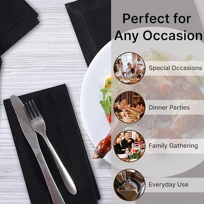 LFH Home Hemstitched Cloth Dinner Napkins 18x18 Inch Set of 12 - Reusable 100% Cotton Machine Washable Cocktail Napkins with Metered Corners for Daily, Party, Wedding, Bar Use - Black