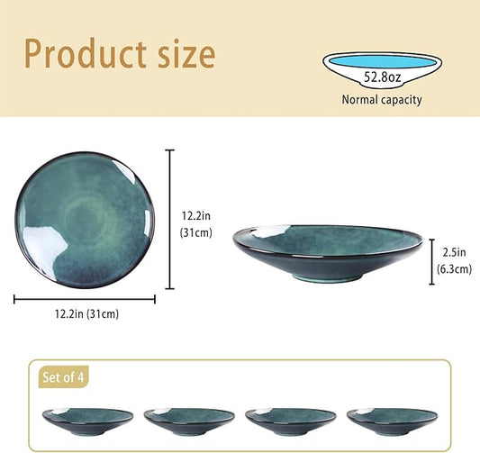Ceramic Pasta Bowls, 52.8-ounce Pasta Dishes, Reactive Glaze Pasta Bowls, Set of 4, Large, Wide-Mouth Bowls for Salads, Desserts, and Fruit, Microwave-, Dishwasher-, and Oven-Safe.