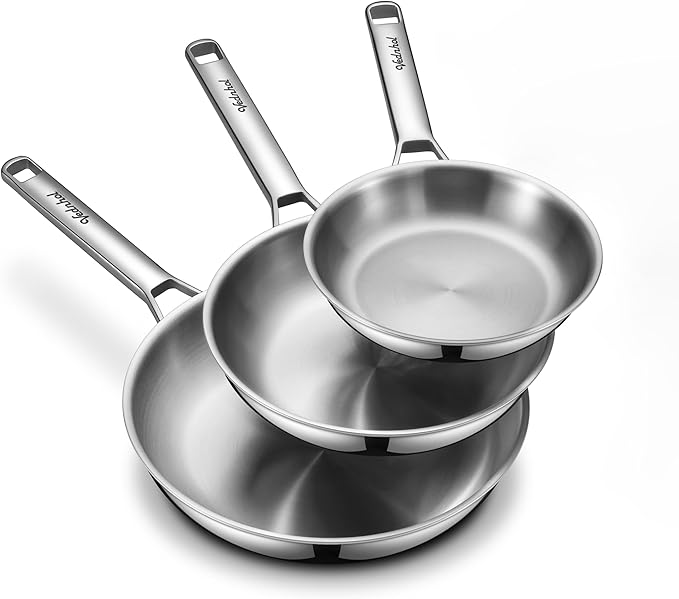 VEDNHOL Stainless Steel Frying Pan Set,8"&10"&12" Tri-Ply Stainless Steel Pans,Skillet,Frying Pan Stainless Steel,PFOA&PTFE Free,Dishwasher&Oven Safe,Induction Compatible Steel Pans for Cooking
