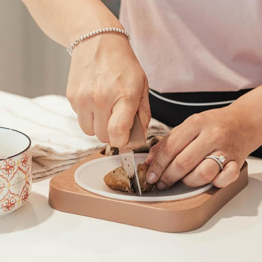 Sharp Rocker Knife for Adults – Chef-Grade Kitchen Knife for Parents and Kids 12+ with Non-Slip Cutting Board, Dishwasher Safe, One-Handed Meal Prep, Microplastic-Free Insert (Mocha Mousse)