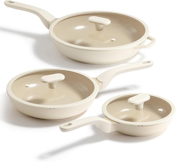 PRICUSIS 8Pcs Ceramic Nonstick Frying Pan Set with Lid, 8+10+12 Inch Induction Compatible Skillet with Stay Cool Handle, Fully Coated, 100% Dishwasher Safe, PFAS & PTFE & PFOA Free (Coconut White)