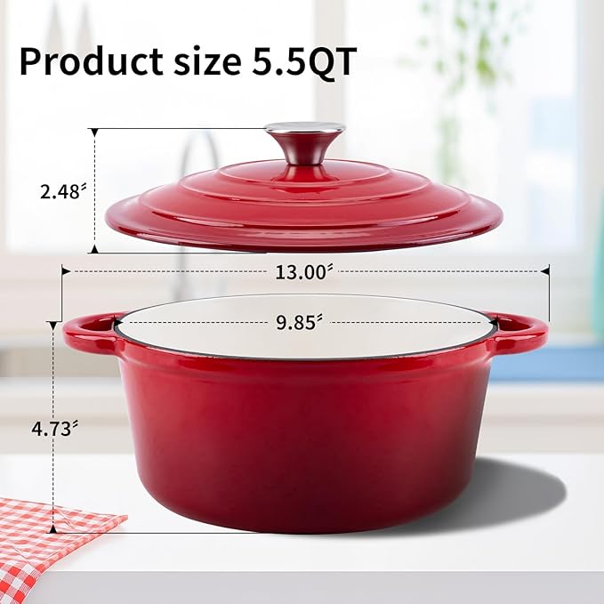 WOKINS Enameled Cast Iron Dutch Oven Pot with Lid Heavy-Duty Cookware for Bread Baking,Braising,Stews,Roasting,Oven Safe up to 500°F,5.5QT,red