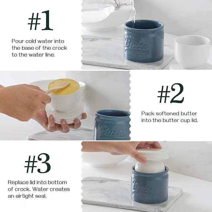 DOWAN Porcelain Butter Keeper Crock, French Butter Dish with Lid, Embossed Butter Container for Soft Butter, Big Capacity & Humanized Water Line, Airy Blue