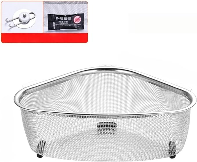 22cm Triangle Drain Baskets for Kitchen Sinks, Stainless Steel Colander for Food Scraps Sponges and Brushes, Stainless Steel Colander for Pasta, Spaghetti, Vegetables, Fruit and Pot Draining (Silver)