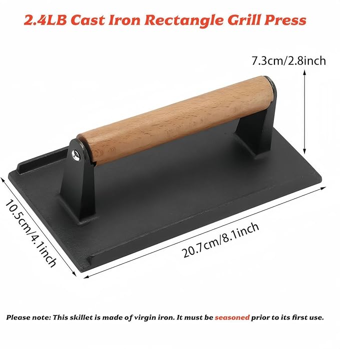 Cast Iron Grill & Bacon Press, Family-Sized Rectangle Smash Burger Press with Wood Handle, 2.4LB Heavy Duty Weight for Indoor/Outdoor Cooking, Creates Perfect Grill Marks Every Time