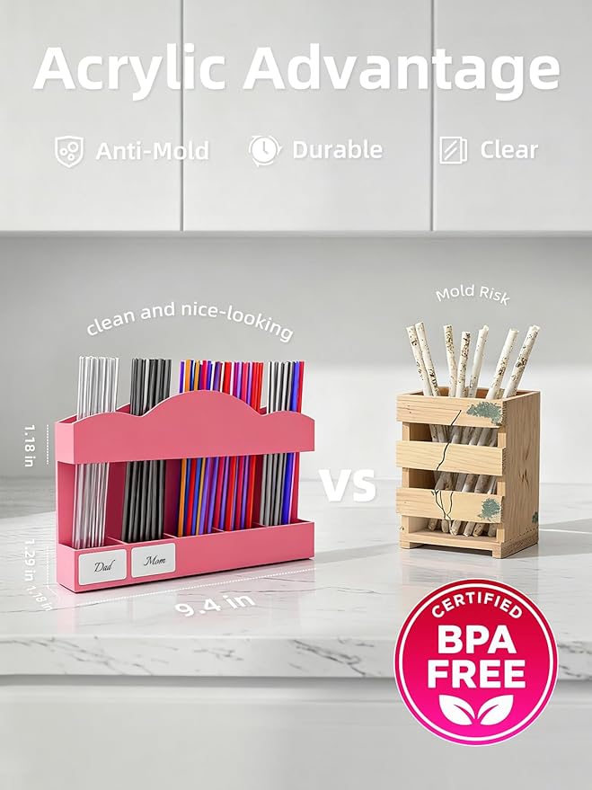 9.8" Acrylic Straw Holder for Cabinet Door - Straw Organizer with Ultra-Sticky Adhesive, Kitchen & RV Essensials, 5-Compartment Storage for Reusable Straws & Brushes, Colored Pencils, Markers
