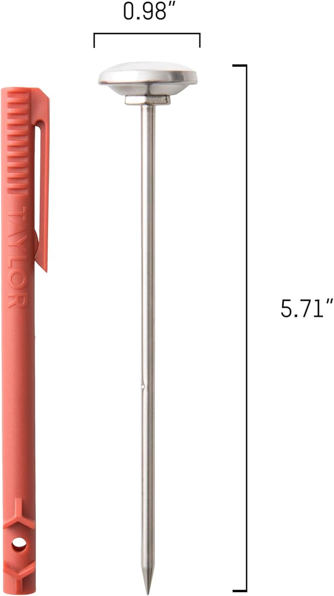 Taylor Instant Read Analog Meat Food Grill BBQ Cooking Kitchen Thermometer with Red Pocket Sleeve for Calibration, 1 inch dial, Stainless Steel