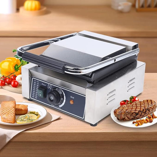 Commercial Panini Press Grill, 1800W Electric Stainless Steel Sandwich Maker, Portable Toaster with Handle Temp Control, Smooth Flat Surface Electric Griddle for Hamburger Steak Bacon