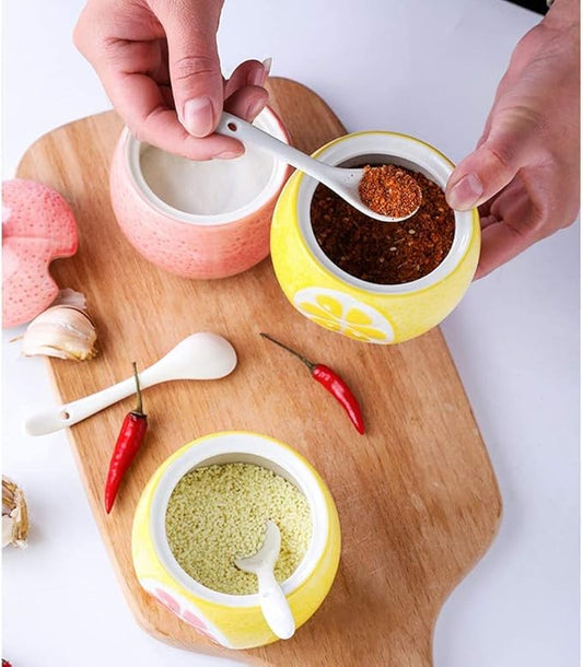 Ceramics Fruit Shaped Sugar Bowl Salt Pot Pepper Storage Jar with Lid and Spoon Seasoning Box Condiment Pots (Yellow Pomelo)