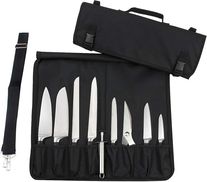 Tosnail Chef Knife Roll Bag with Carry Handle and Shoulder Strap, Large Capacity Kitchen Knife Storage Bag, Portable Knife Carrying Case with Double Folded Design, Black
