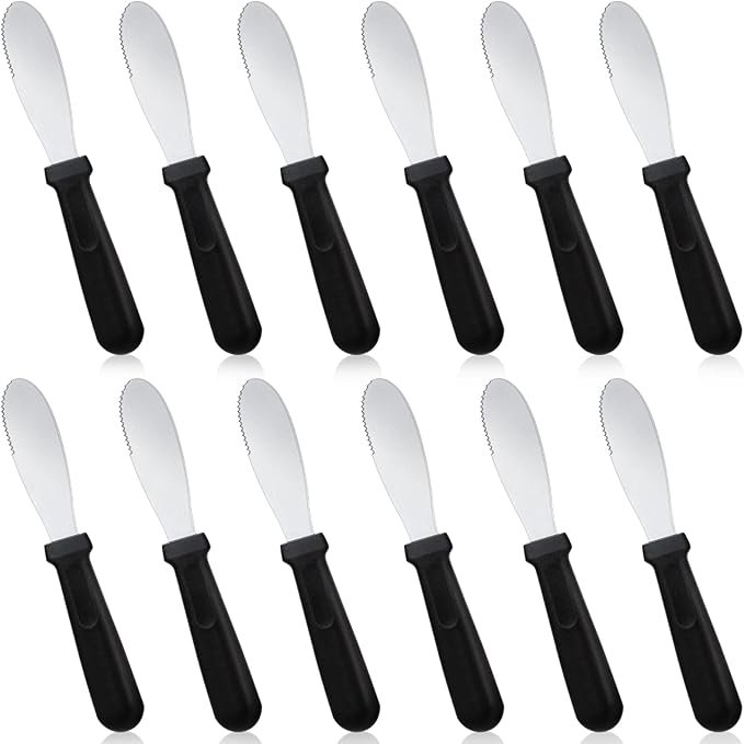 Cunno 12 Pcs Butter Spreader Knives Wide Blade Stainless Steel Cheese Spreader Knife Black Plastic Handle Slicing or Spreading Knife for Slicing Bread Cream Sandwich Condiment Kitchen 9.1 Inch