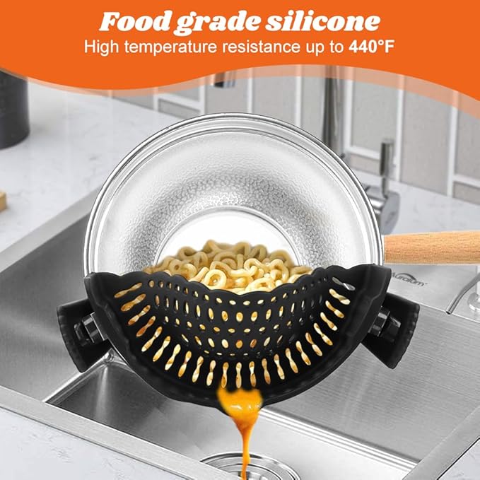 Clip on Strainer with Scraper,Silicone Strainer for Pots and Pans Adjustable Pasta Colander for Meat Vegetables Fruit Universal Fit For All Utensils(COLOR:black)