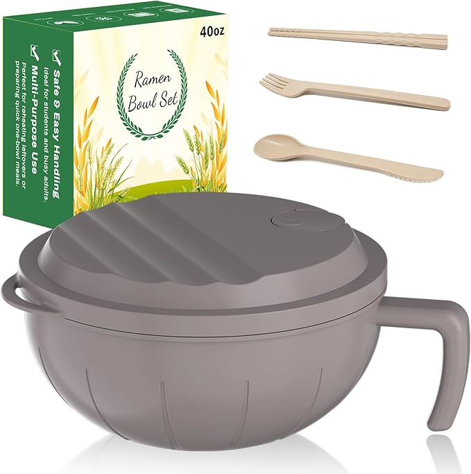 steo spce Large Ramen Bowl Set, 40 Oz Microwaveable Noodle Cooker with Leak-Proof Lids, Chopsticks, Spoon & Fork – Portable and Dishwasher Safe, Ideal for Home, Office, Dorm, or Gift Light (Khaki)