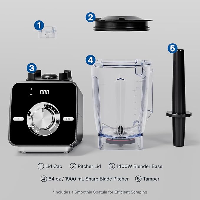 BlendTide Home Blender, 1400W High-Speed Blender for Ice Crushing Power, Stainless Steel Blades, Kitchen Timer, 10 Speeds, 6 Programs for Smoothies, Frozen Drinks, Self-Cleaning, 64oz Bulk Production