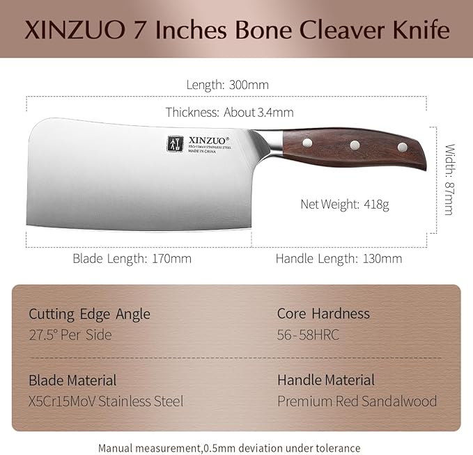 XINZUO 7 Inches Bone Cleaver Knife,Heavy Duty Bone Chopper, Butcher Cutting Knife for Professional Chefs and Home Cooking,Ultra Sharp, Red Sandalwood Handle