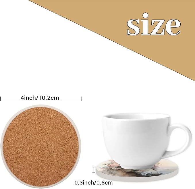 Round Coasters Set of 2, Horse Wearing Flowers Absorbent Ceramic Coaster with Cork Base, Bar Coasters for Drinks Coffee Mugs Tea Cups Wine Glasses Home Decor Gifts (4 inches)