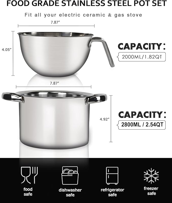 Marsheepy Double Boiler Pot Set,2000ML/1.8QT Mixing Bowl for Chocolate Melting, 2800ML/ 2.54QT 304 Stainless Steel Pot With Silicone Spatula for Melting Chocolate, Candy, Candle, Soap, Wax
