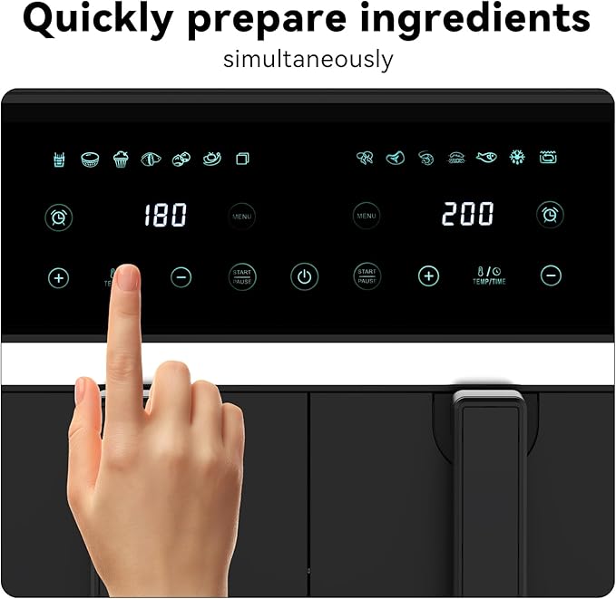 REABELL 8 Quart Dual Basket Air Fryer - Digital Touchscreen, Smart Sync Finish,Auto Shutoff, 2 Independent 4QT Nonstick Dishwasher-Safe Frying Baskets - Digital Double Air Fryer