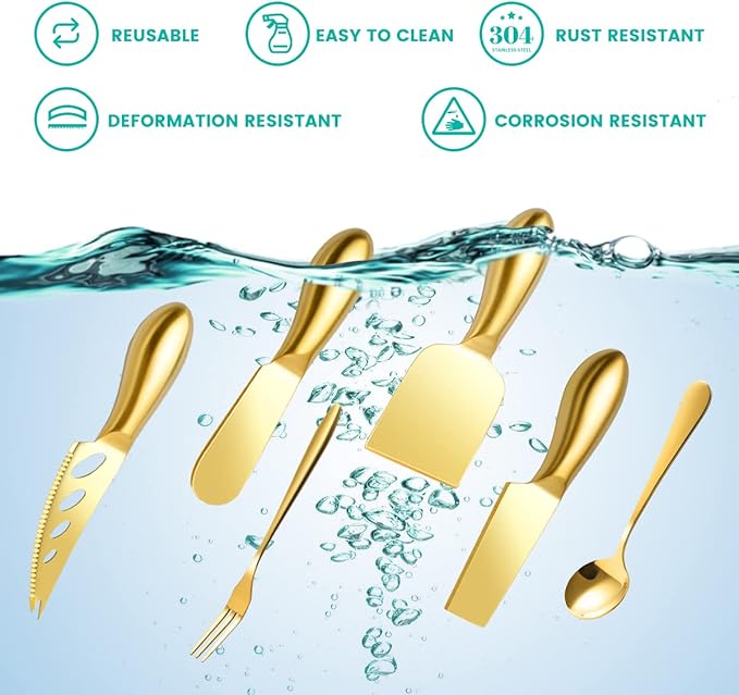 Gold Cheese Knife Set For Charcuterie Board Accessories, Stainless Steel Cheese Slicer And Butter Spreader knives Kit With Serving Tongs, Spoons, Forks, Flags Cheese Markers, Honey Dipper