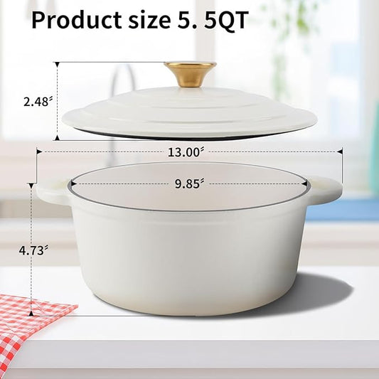 WOKINS Enameled Cast Iron Dutch Oven Pot with Lid Heavy-Duty Cookware for Bread Baking,Braising,Stews,Roasting,Oven Safe up to 500°F,5.5QT,creamy white