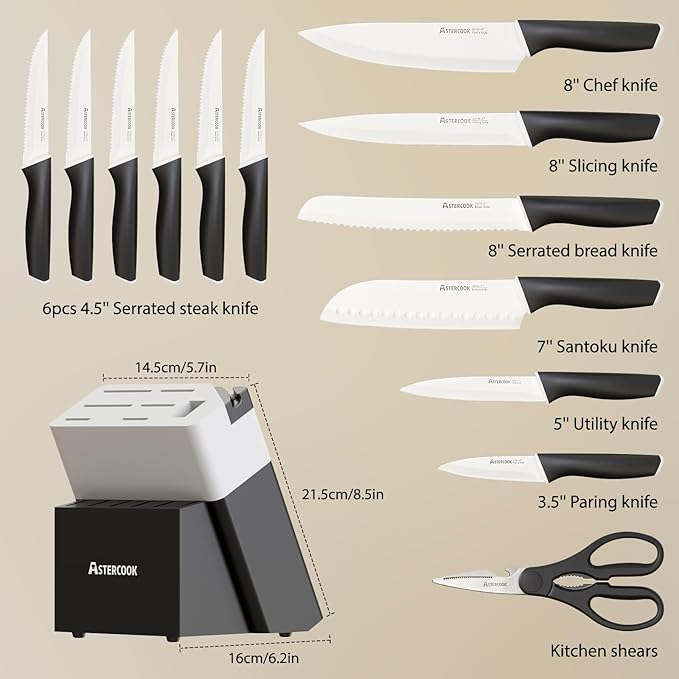 Astercook Knife Set, Kitchen Knives with Block and Sharpener Ceramic Coating 15 Pcs German Stainless Steel Knives Sharp Blade Dishwasher Safe Deba Knives with Ergonomic Handle, Elegant Black