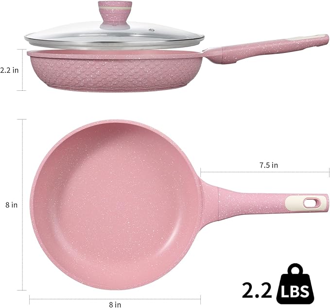 Xuanying 8 Inch Non Stick Frying Pans with Lid - 100% PFOA PFAS Free, Super Nonstick, All Stovetop Compatible Induction Gas Electric, Omelette & Egg Pan, Dishwasher Safe, Eco-Friendly Pink Pan