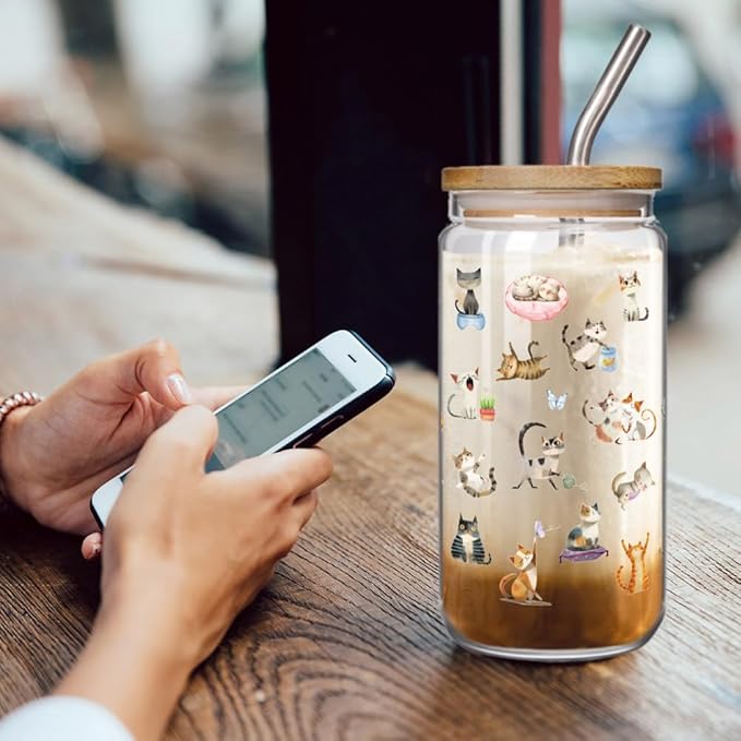 Funny Cat Glass Cups with Lids and Straws Gifts for Love Cats Women Girls, Cute Cool Cat Lover Gifts Decor Stuff Accessories, Cats Lovers Owners Christmas Gift for Daughter Sister Aunt Best Friends