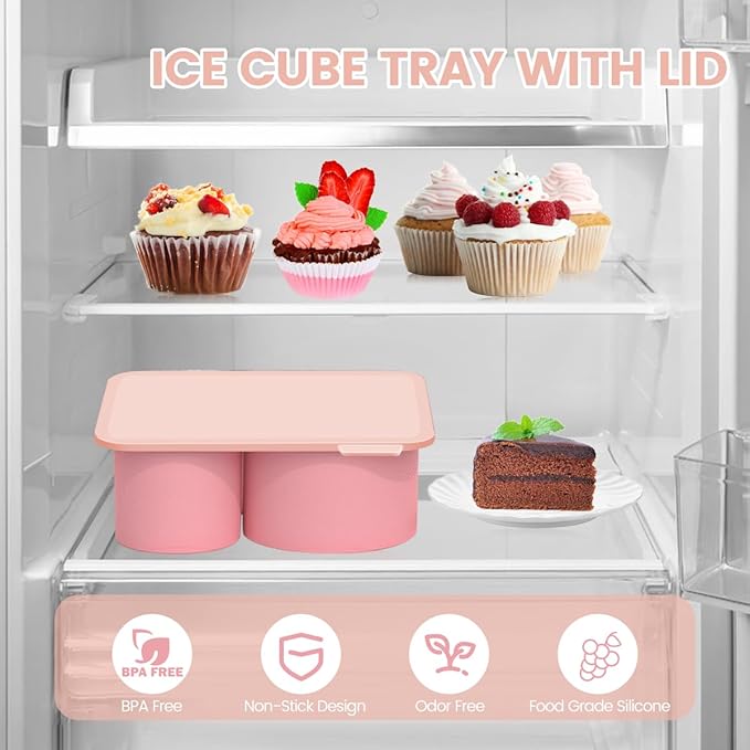 Large Silicone Ice Cube Tray for 20-30-40 oz Tumbler Cup, Slow Melting Ice Mold with Lid, Easy Release Ice Maker(Pink)