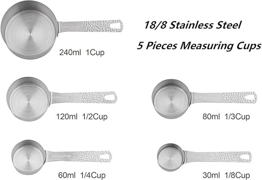 18/8 Stainless Steel Measuring Cups and Spoons set 14 for Baking & Kitchen, 5 Metric & US Measuring Cups and 6 Measuring Spoons,1 Leveler and 2 Rings for Dry & Liquid