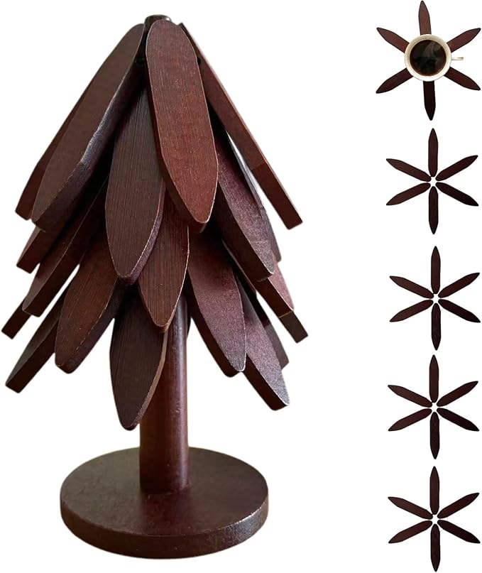 Tree Shape Trivet Set,Natural Wooden Walnut Color,5 Wooden Trivets + 1 Stand for Hot POTS、Bowls、Hot Dishes、Teapot，Foldable Kitchen Decor.