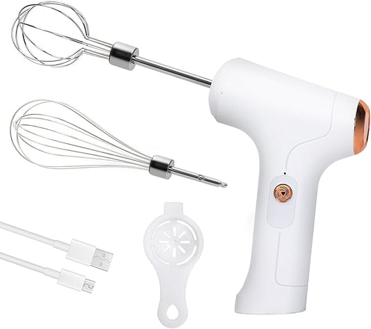 CHIDOYII Cordless Hand Mixer, Handheld Electric Whisk with 3 Speed Modes, Hand Held Egg Beater with 2 Detachable Stir Whisks (White)