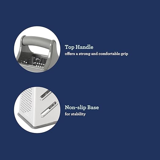 Oster Bluemarine 9-Inch 4-Sided Box Grater – Stainless Steel Cheese and Vegetable Grater, Kitchen Tool for Shredding, Slicing, Grating, Blue/Grey Handle