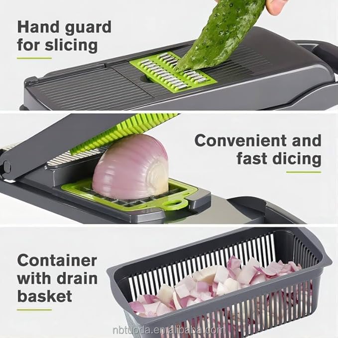 All-In-One, 12 Blade Mandoline Slicer, Vegetable Spiralizer, Cutter, Dicer, Food Chopper, Grater, Kitchen Gadgets Sets with ContainerPro Onion Chopper Veggie Chopper With Container(Grey green) slicer