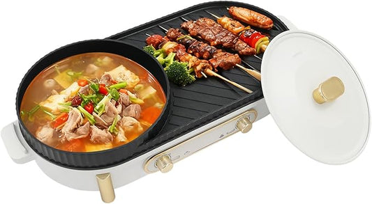 Round Hot Pot with Grill, 1700 W Electric Grill with Hot Pot Independent Temperature Knob Non-Stick BBQ Grill & Hotpot Pot for 3-8 People (Round Pot)