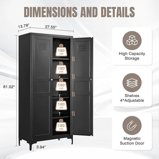 Yizosh Metal Pantry Cabinet,Tall Kitchen Pantry Storage Cabinet with Doors and Adjustable Shelves - 61" Black Cupboard Cabinet for Kitchen, Living Room,Dining Room,Home