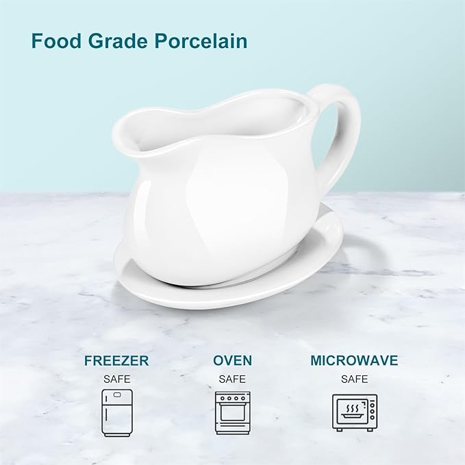 Gravy Boat, Sauce Boat 18 oz Gravy Bowl with Tray, Ceramic Serving Dish for Sauces, Dressings and Creamer with Large Handle, Designed for Microwave Safe Omesata
