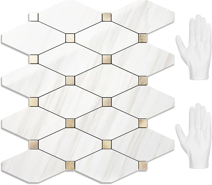STICKGOO 10 Sheets Peel and Stick Backsplash, Polished Dolomite PVC Mixed Metal Gold Kitchen Backsplash, Stick on Backsplash Wall Tiles for Kitchen, Bathroom, RV