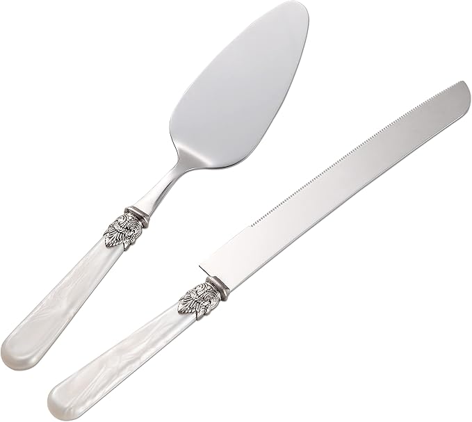 CATHYLIN Wedding Cake Knife and Serve Set, Fancy Hand Craft Italian Style Design, Pearl Pie Knife Server Set, Vintage Silverware,Cake Cutter Set, Cake Knife Gift Set, 2 pcs (White)