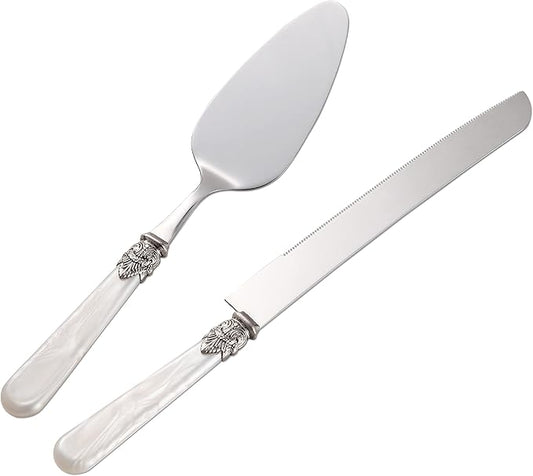 CATHYLIN Wedding Cake Knife and Serve Set, Fancy Hand Craft Italian Style Design, Pearl Pie Knife Server Set, Vintage Silverware,Cake Cutter Set, Cake Knife Gift Set, 2 pcs (White)
