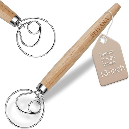 BRIVANA 13-Inch Danish Dough Whisk – Wooden Handle with Stainless Steel Single Loop – Bread Whisk for Sourdough, Pizza Dough, Cake Batter and Artisan Bread Baking