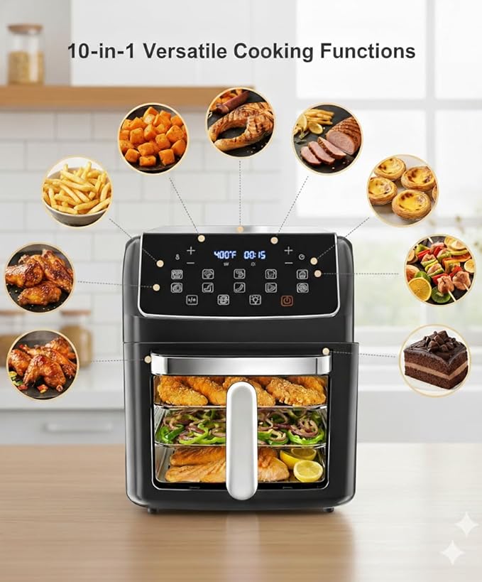 HealSmart 10-in-1 Air Fryer Oven, 12.6Qt Convection Oven with Visible Window, Rotisserie & Grill, Family-Size Airfryer with Visible Window for Healthy Cooking