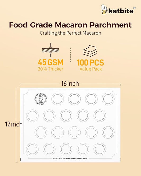 Katbite 100 Macaron Parchment Sheets Template Baking, Cookie Parchment, Printed Circle Baking Stencil for Macaron Cookie, 12x16 In, Non-Stick & Heavy Duty, Pre-cut Paper for Chicken Pizza French Fry